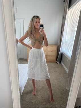 Studio West Boho Cotton Midi Skirt Ruffled Spiral Embroidery White Size L
